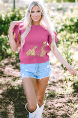 Pink Leopard Ruffled Sleeve Round Neck Knit Sweater Sweaters & Cardigans JT's Designer Fashion