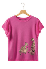 Pink Leopard Ruffled Sleeve Round Neck Knit Sweater Sweaters & Cardigans JT's Designer Fashion