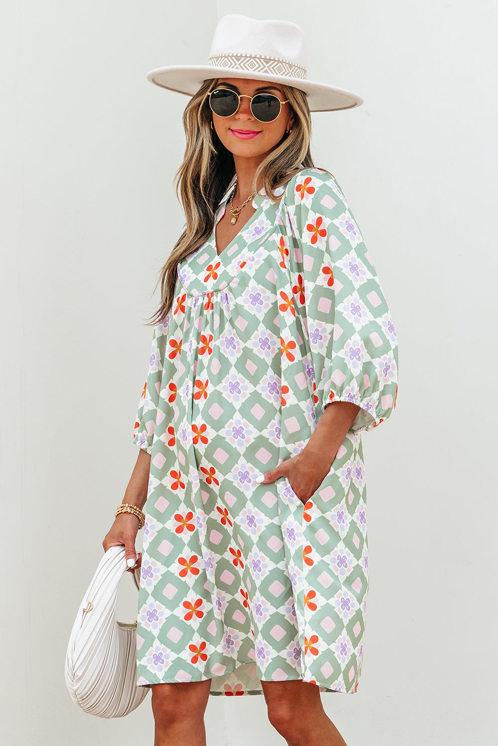 Green Geometric Floral Print 3/4 Sleeve Notched Neck Mini Dress Mini Dresses JT's Designer Fashion