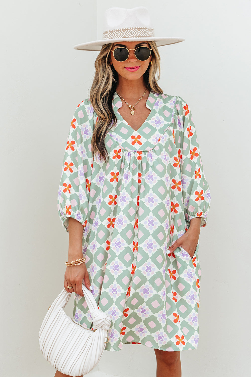 Green Geometric Floral Print 3/4 Sleeve Notched Neck Mini Dress Mini Dresses JT's Designer Fashion