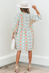 Green Geometric Floral Print 3/4 Sleeve Notched Neck Mini Dress Mini Dresses JT's Designer Fashion