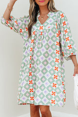 Green Geometric Floral Print 3/4 Sleeve Notched Neck Mini Dress Mini Dresses JT's Designer Fashion