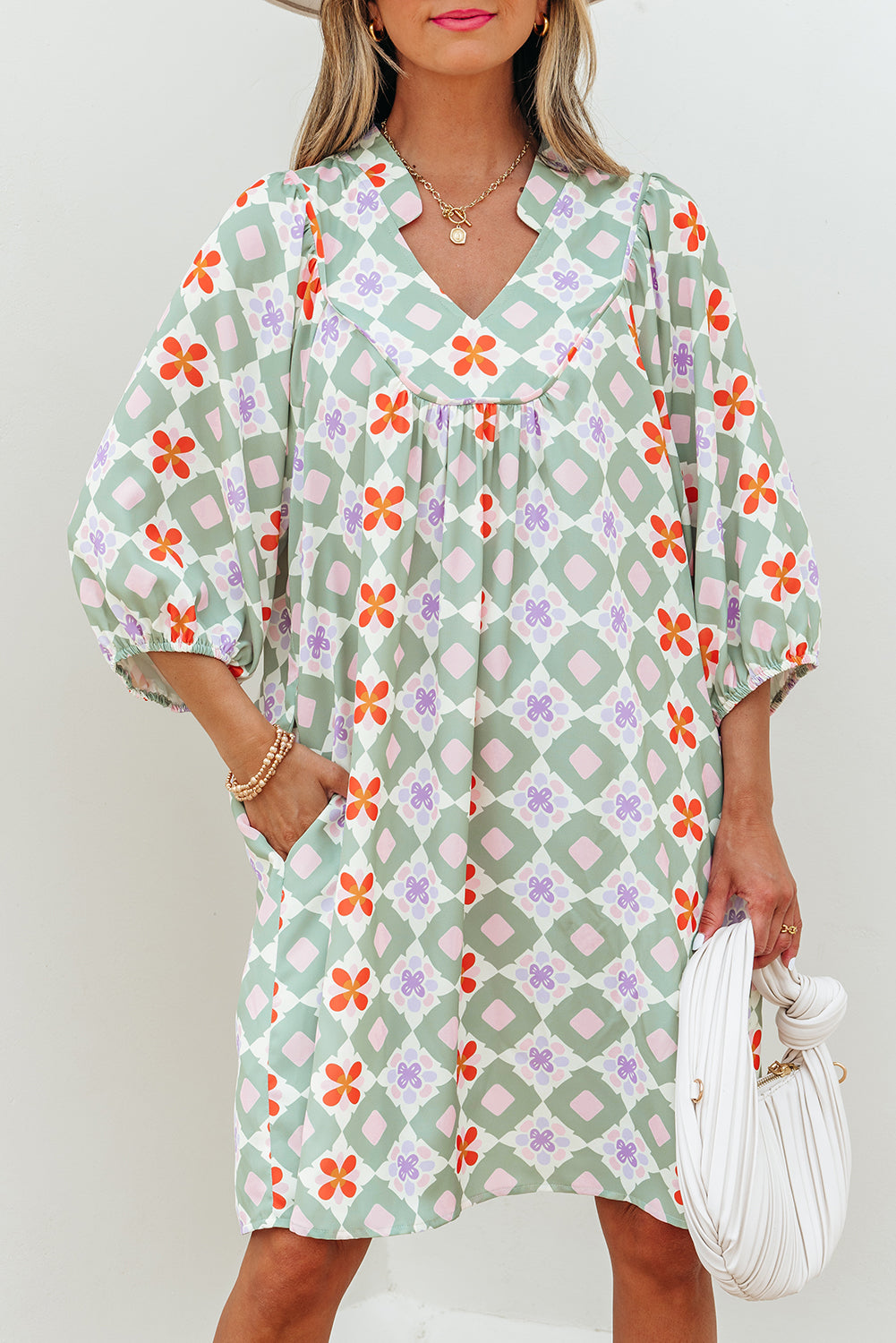 Green Geometric Floral Print 3/4 Sleeve Notched Neck Mini Dress Mini Dresses JT's Designer Fashion