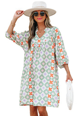 Green Geometric Floral Print 3/4 Sleeve Notched Neck Mini Dress Mini Dresses JT's Designer Fashion