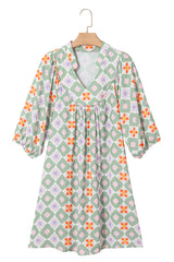Green Geometric Floral Print 3/4 Sleeve Notched Neck Mini Dress Mini Dresses JT's Designer Fashion