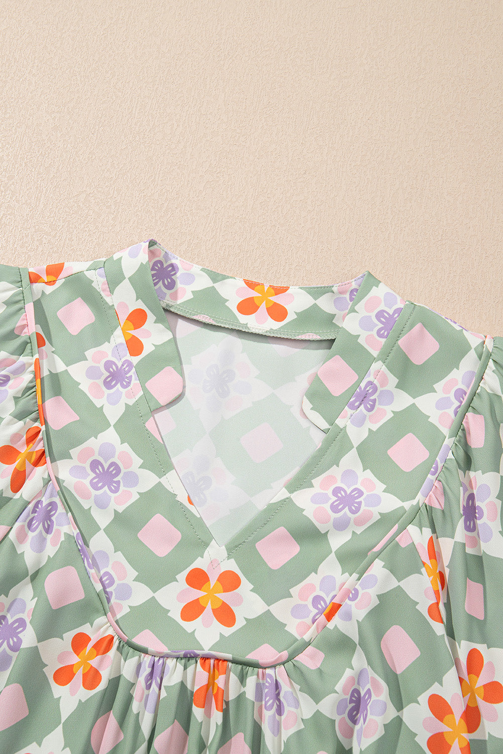 Green Geometric Floral Print 3/4 Sleeve Notched Neck Mini Dress Mini Dresses JT's Designer Fashion