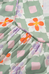 Green Geometric Floral Print 3/4 Sleeve Notched Neck Mini Dress Mini Dresses JT's Designer Fashion