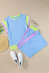 Sky Blue Color Block Detail Casual Two-piece Outfit Jumpsuits & Rompers JT's Designer Fashion