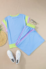 Sky Blue Color Block Detail Casual Two-piece Outfit Jumpsuits & Rompers JT's Designer Fashion