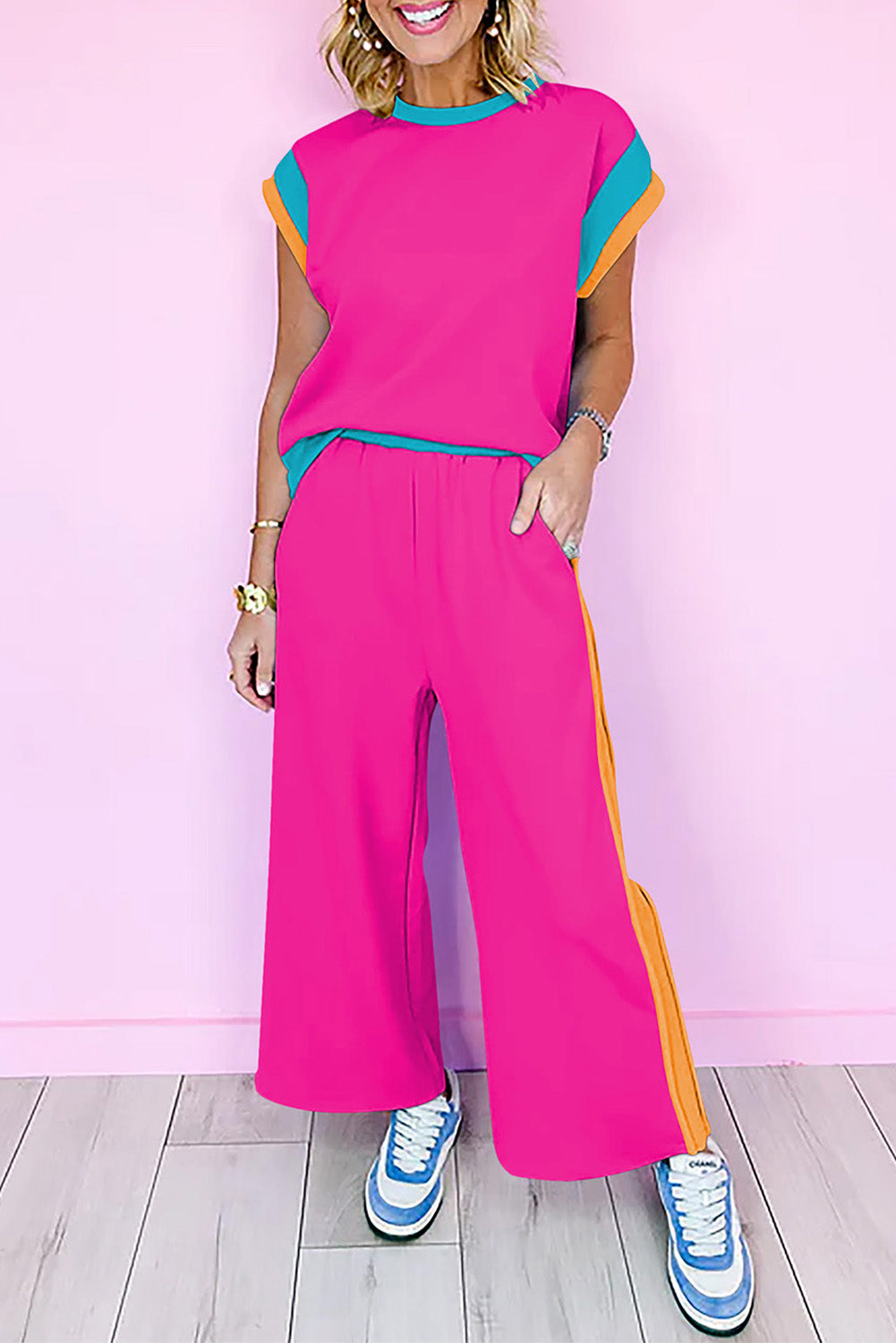 Strawberry Pink Color Block Detail Casual Two-piece Outfit JT's Designer Fashion