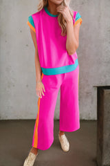 Strawberry Pink Color Block Detail Casual Two-piece Outfit JT's Designer Fashion