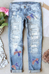 Light Blue Flag Pattern Inspired Sequin Bow Graphic Distressed Jeans Graphic Pants JT's Designer Fashion