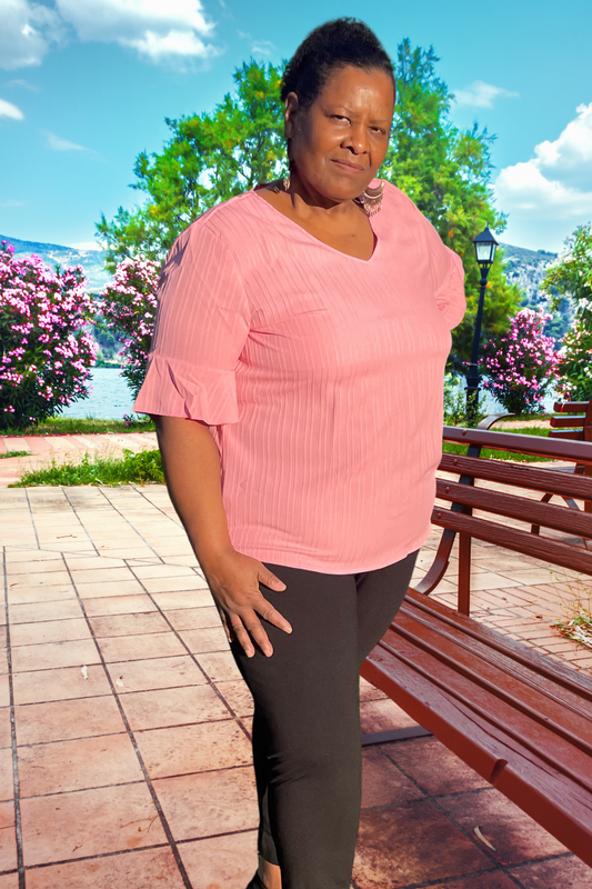 Peach Blossom Ruffled Half Sleeve V Neck Textured Plus Top Plus Size JT's Designer Fashion