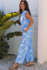 Myosotis Floral Print Half Button Wide Leg Relaxed Sleeveless Jumpsuit Jumpsuits & Rompers JT's Designer Fashion