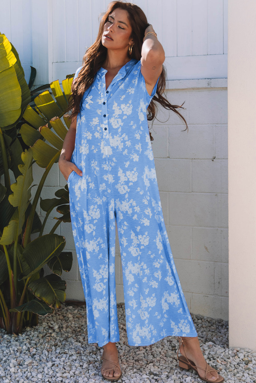 Myosotis Floral Print Half Button Wide Leg Relaxed Sleeveless Jumpsuit Jumpsuits & Rompers JT's Designer Fashion