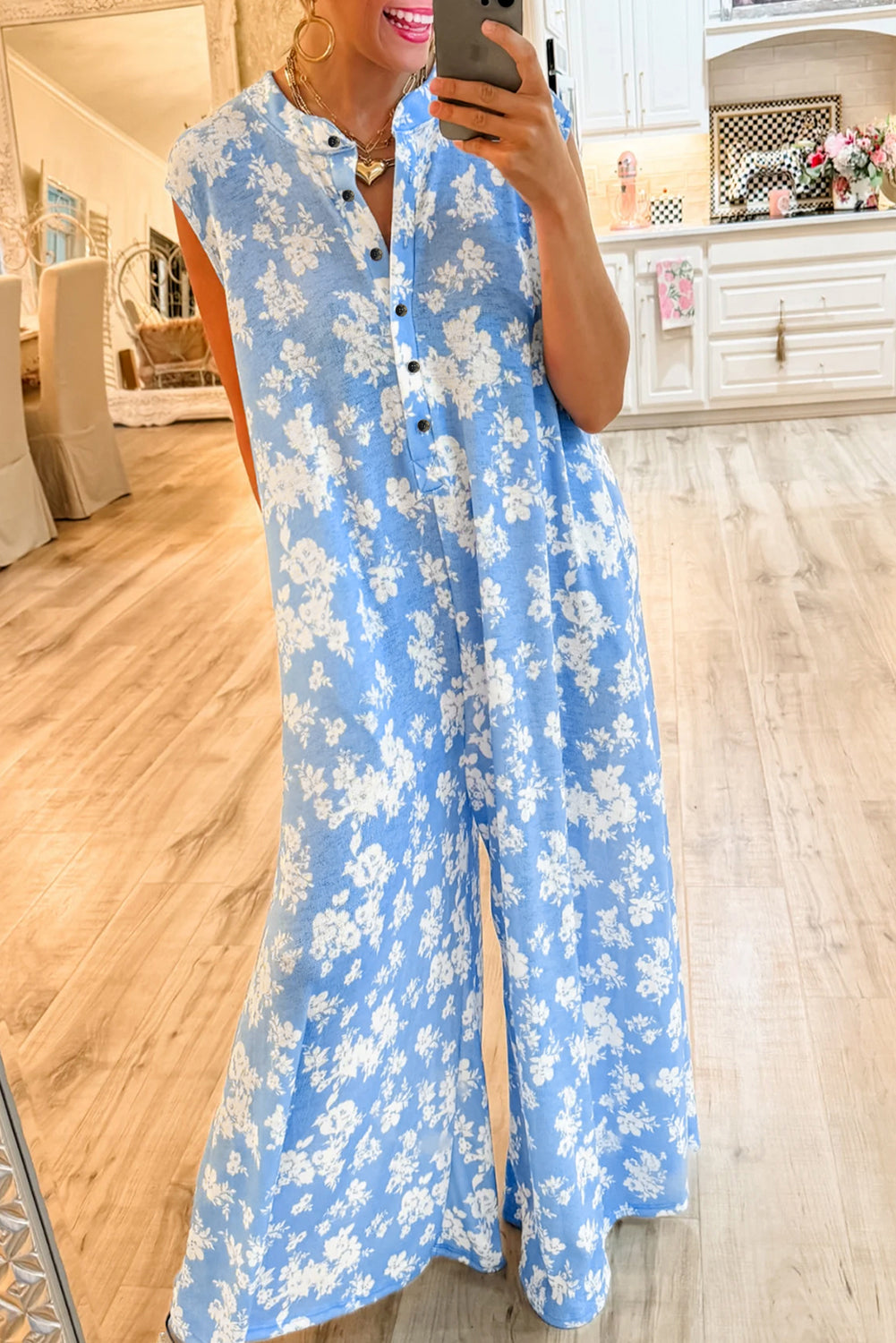 Myosotis Floral Print Half Button Wide Leg Relaxed Sleeveless Jumpsuit Jumpsuits & Rompers JT's Designer Fashion