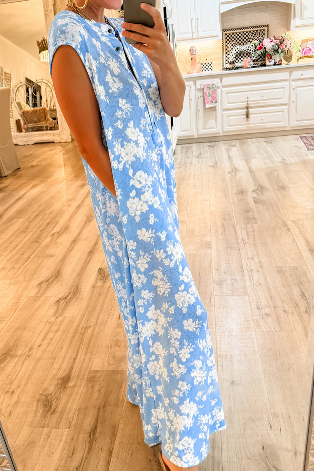 Myosotis Floral Print Half Button Wide Leg Relaxed Sleeveless Jumpsuit Jumpsuits & Rompers JT's Designer Fashion