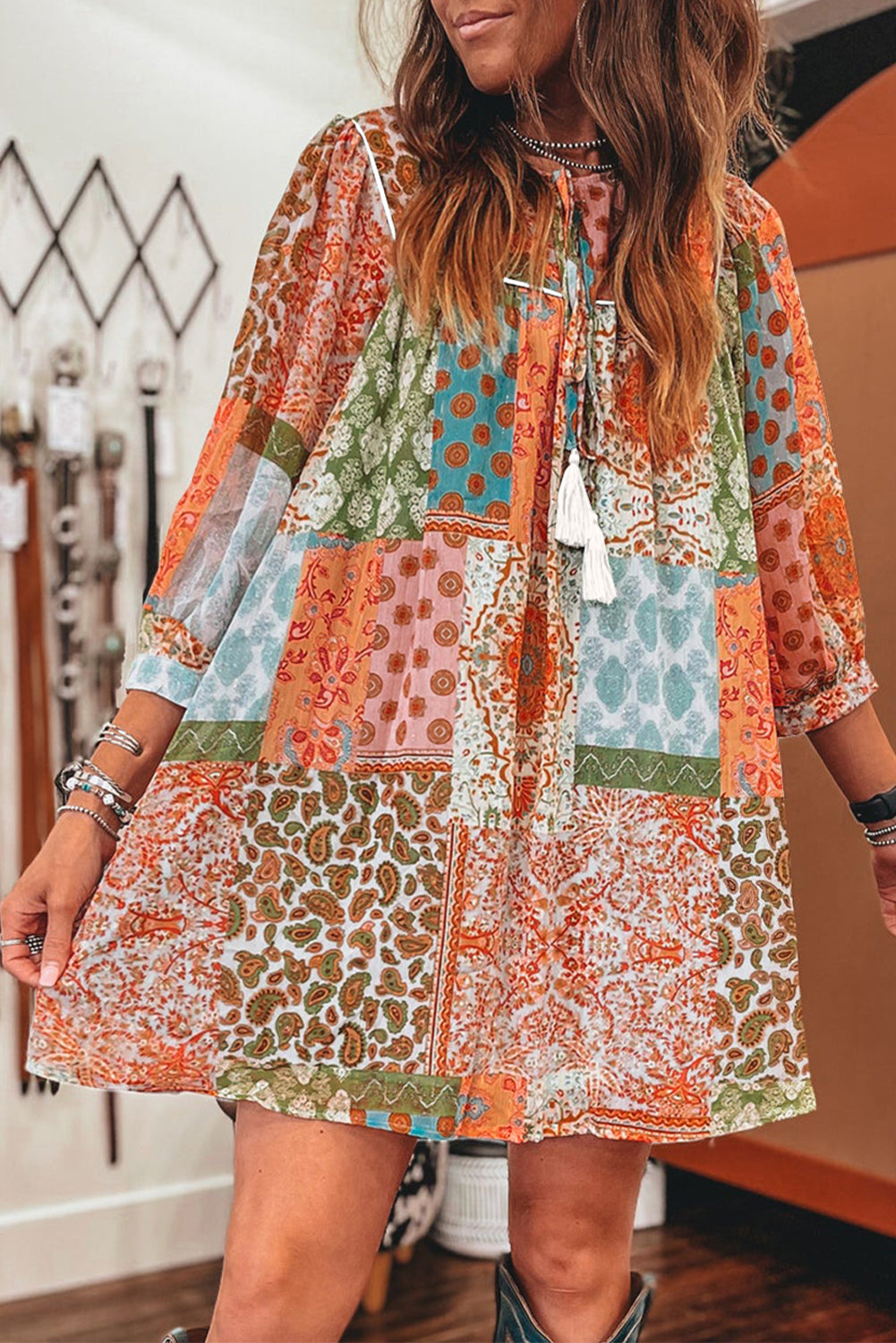 Orange Boho Paisley Mixed Print 3/4 Sleeve Chiffon Loose Dress Mini Dresses JT's Designer Fashion