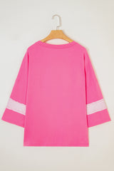 Pink Star Patched Colorblock Raw Edge Bracelet Sleeve Plus Size Loose Tee Plus Size Tops & Tees JT's Designer Fashion