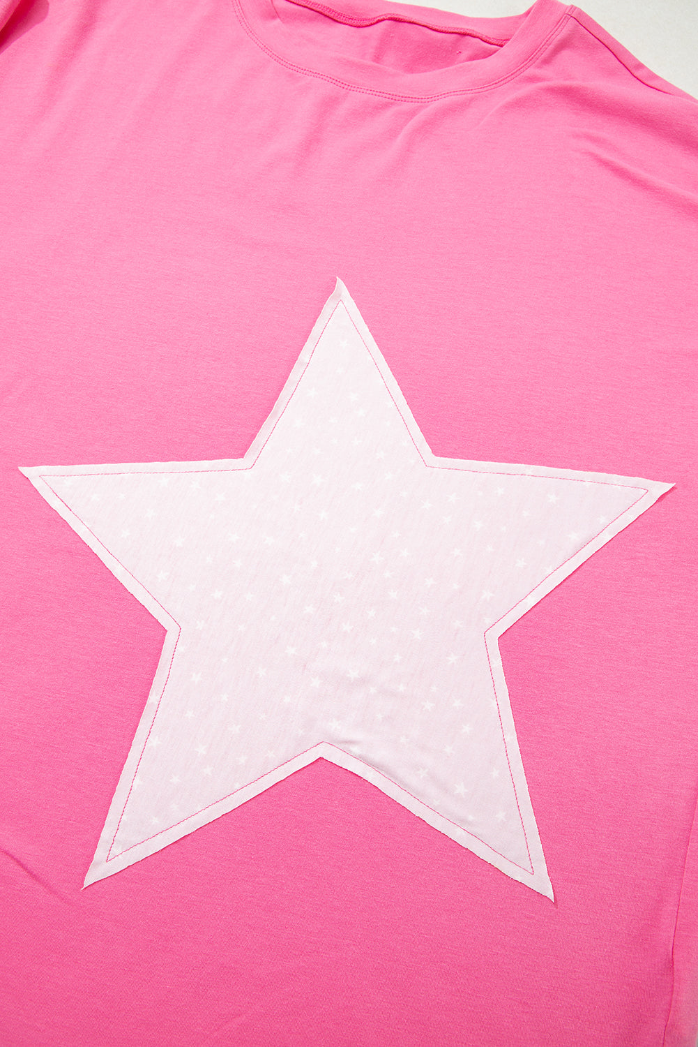 Pink Star Patched Colorblock Raw Edge Bracelet Sleeve Plus Size Loose Tee Plus Size Tops & Tees JT's Designer Fashion
