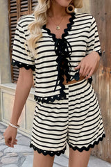 Parisian Chic Striped Lace-Up Short Set Beige Short Sets JT's Designer Fashion