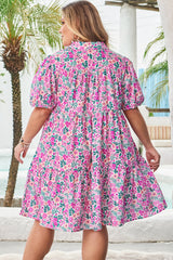 Pink Plus Size Floral Half Button Short Puff Sleeve A-line Dress Plus Size Mini Dresses JT's Designer Fashion