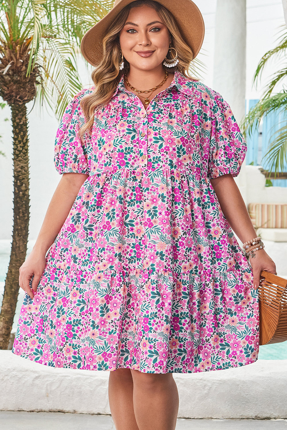 Pink Plus Size Floral Half Button Short Puff Sleeve A-line Dress Plus Size Mini Dresses JT's Designer Fashion