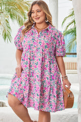 Pink Plus Size Floral Half Button Short Puff Sleeve A-line Dress Plus Size Mini Dresses JT's Designer Fashion