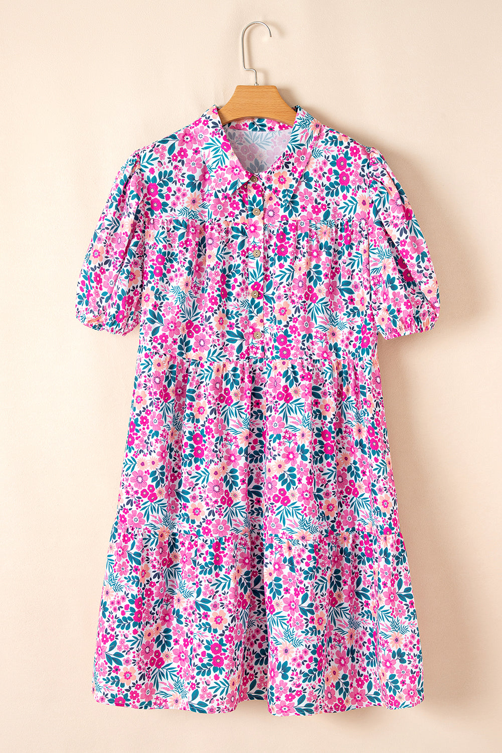 Pink Plus Size Floral Half Button Short Puff Sleeve A-line Dress Plus Size Mini Dresses JT's Designer Fashion
