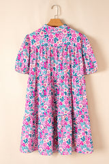 Pink Plus Size Floral Half Button Short Puff Sleeve A-line Dress Plus Size Mini Dresses JT's Designer Fashion