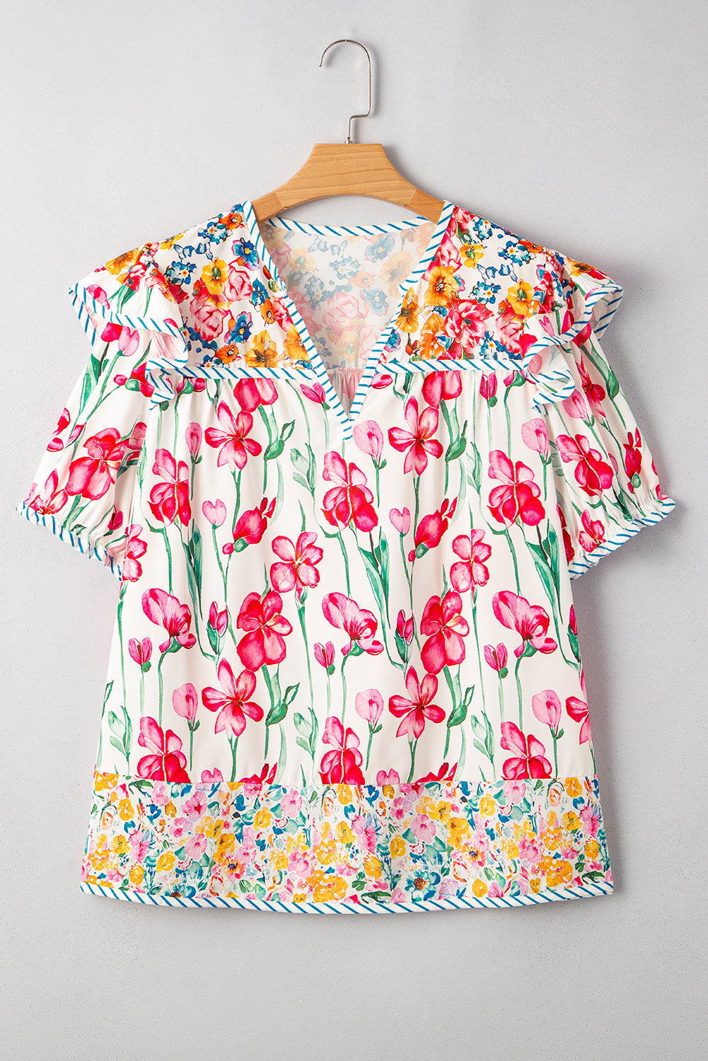 Pink Plus Size Floral Print Striped Trim V Neck Blouse Plus Size Blouses & Shirts JT's Designer Fashion