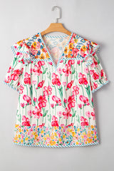 Pink Plus Size Floral Print Striped Trim V Neck Blouse Plus Size Blouses & Shirts JT's Designer Fashion