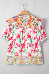 Pink Plus Size Floral Print Striped Trim V Neck Blouse Plus Size Blouses & Shirts JT's Designer Fashion