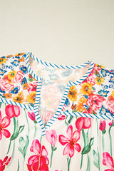 Pink Plus Size Floral Print Striped Trim V Neck Blouse Plus Size Blouses & Shirts JT's Designer Fashion