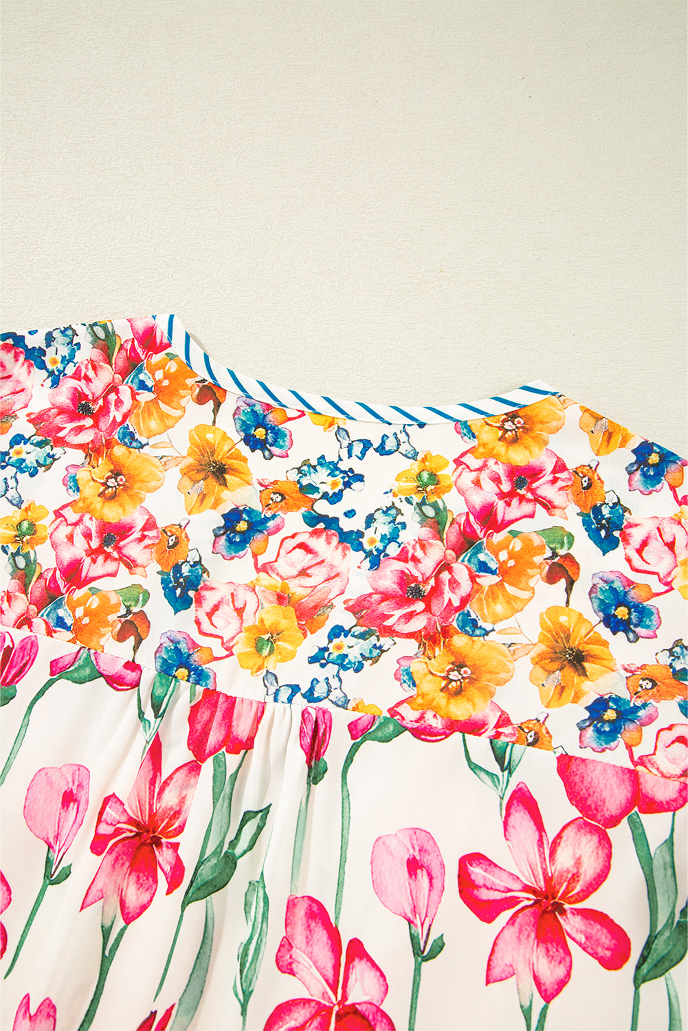 Pink Plus Size Floral Print Striped Trim V Neck Blouse Plus Size Blouses & Shirts JT's Designer Fashion