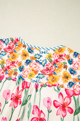 Pink Plus Size Floral Print Striped Trim V Neck Blouse Plus Size Blouses & Shirts JT's Designer Fashion