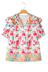 Pink Plus Size Floral Print Striped Trim V Neck Blouse Plus Size Blouses & Shirts JT's Designer Fashion