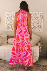 Rose Abstract Printed High Neck Knotted Nape Sleeveless Long Dress Maxi Dresses JT's Designer Fashion
