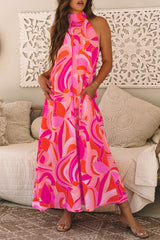 Rose Abstract Printed High Neck Knotted Nape Sleeveless Long Dress Maxi Dresses JT's Designer Fashion