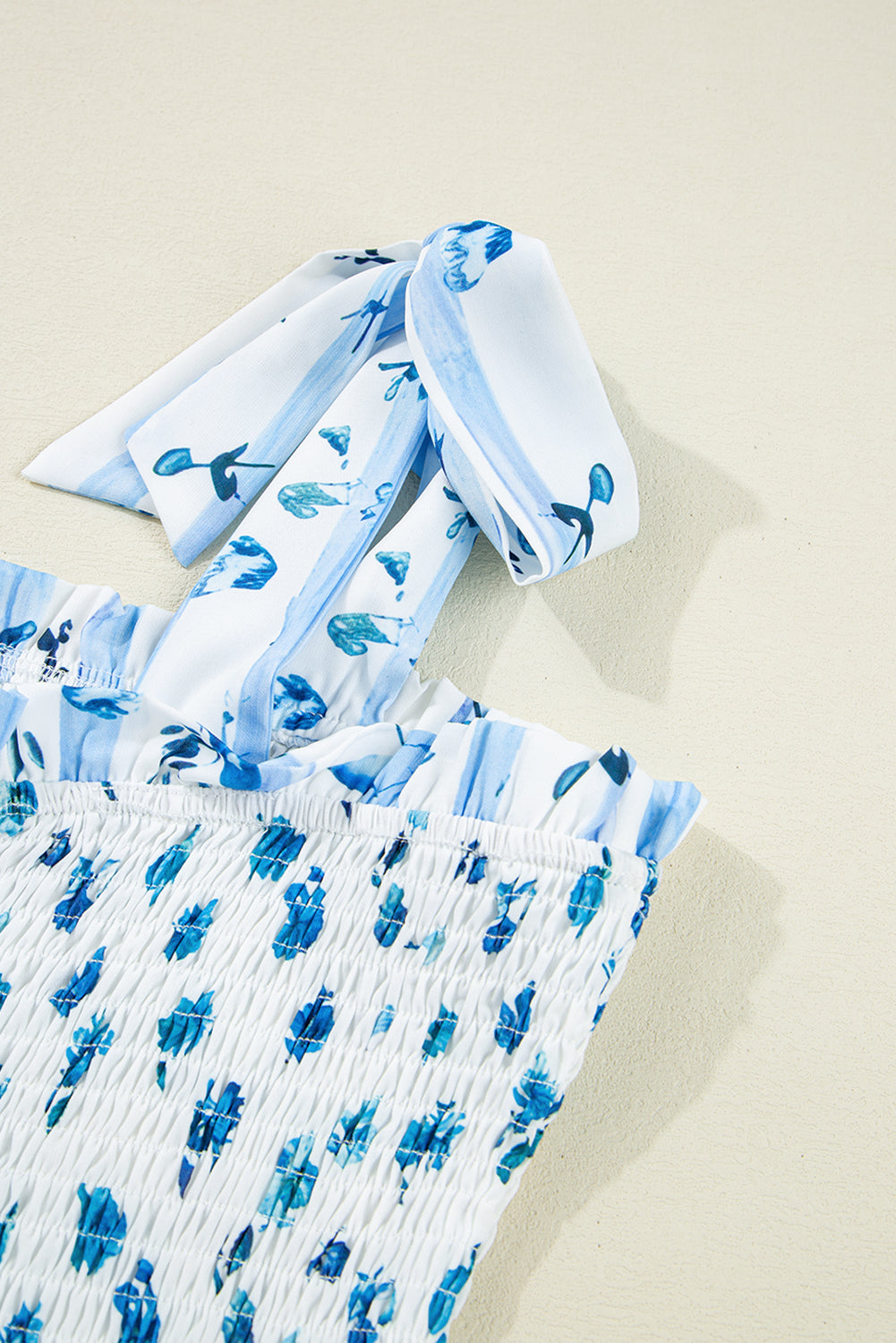 Sky Blue Floral Smocked Tied Straps A-Lined Tiered Long Dress Maxi Dresses JT's Designer Fashion