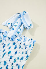 Sky Blue Floral Smocked Tied Straps A-Lined Tiered Long Dress Maxi Dresses JT's Designer Fashion