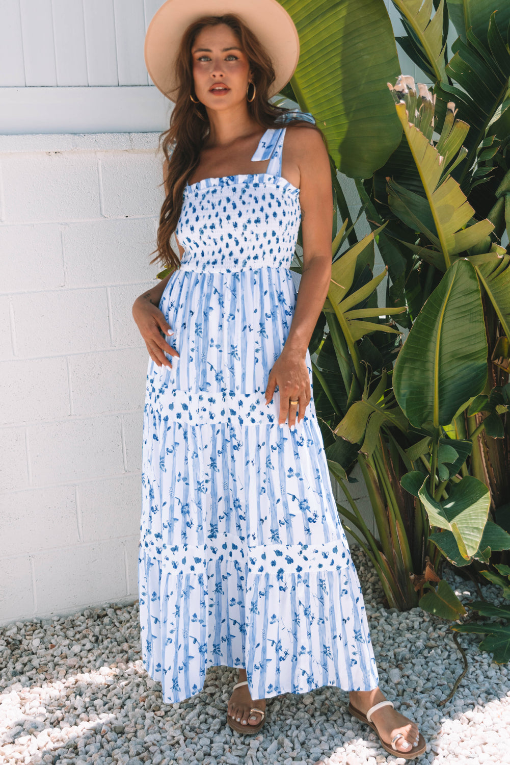 Sky Blue Floral Smocked Tied Straps A-Lined Tiered Long Dress Maxi Dresses JT's Designer Fashion