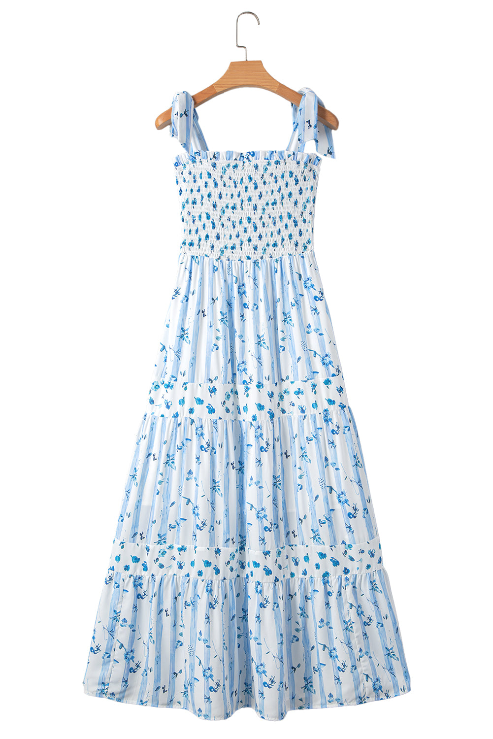 Sky Blue Floral Smocked Tied Straps A-Lined Tiered Long Dress Maxi Dresses JT's Designer Fashion
