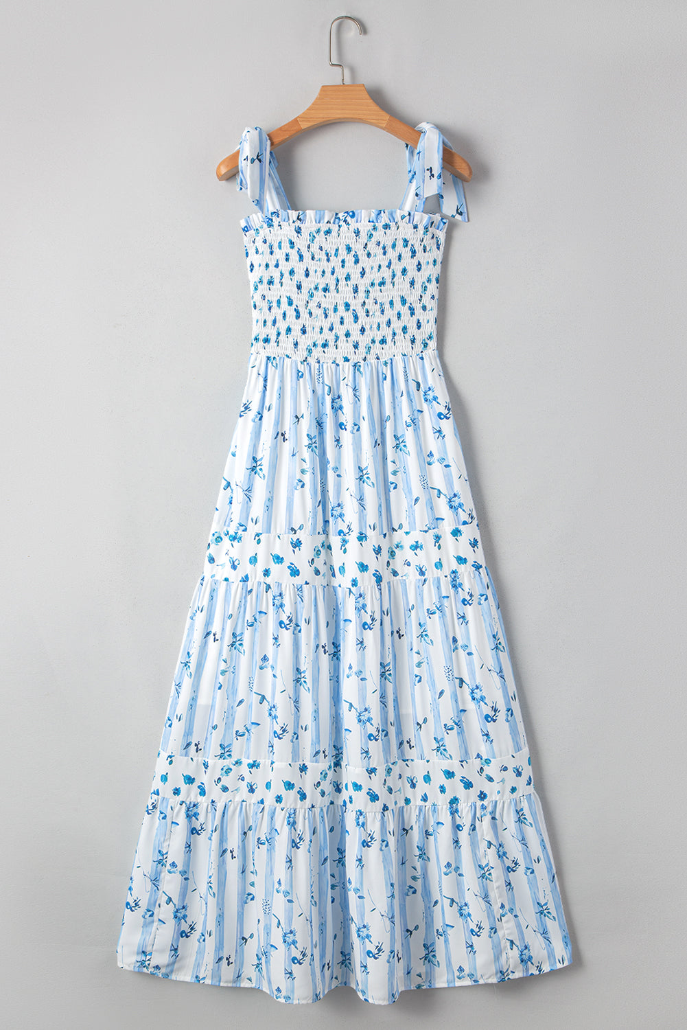 Sky Blue Floral Smocked Tied Straps A-Lined Tiered Long Dress Maxi Dresses JT's Designer Fashion