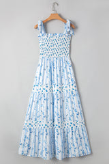 Sky Blue Floral Smocked Tied Straps A-Lined Tiered Long Dress Maxi Dresses JT's Designer Fashion