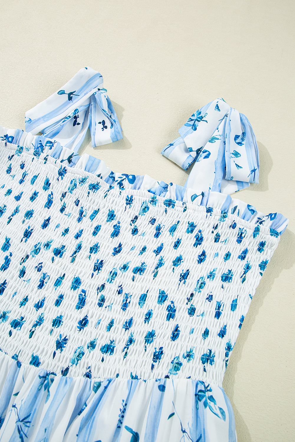 Sky Blue Floral Smocked Tied Straps A-Lined Tiered Long Dress Maxi Dresses JT's Designer Fashion