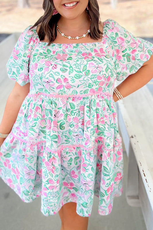 White Floral Print Ric-rac Trim Square Neck Plus Size Mini Dress White 100%Polyester Plus Size Mini Dresses JT's Designer Fashion