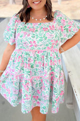 White Floral Print Ric-rac Trim Square Neck Plus Size Mini Dress White 100%Polyester Plus Size Mini Dresses JT's Designer Fashion