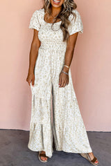 White Fresh Floral Shirred High Waist Short Sleeve Jumpsuit Jumpsuits & Rompers JT's Designer Fashion