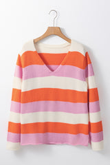 Orange Stripe Colorblock V Neck Casual Sweater Sweaters JT's Designer Fashion